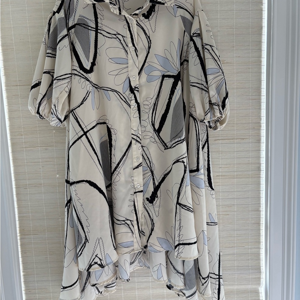 Gracia Dress Abstract Print Blouson Sleeves Pockets Cream Blue Medium